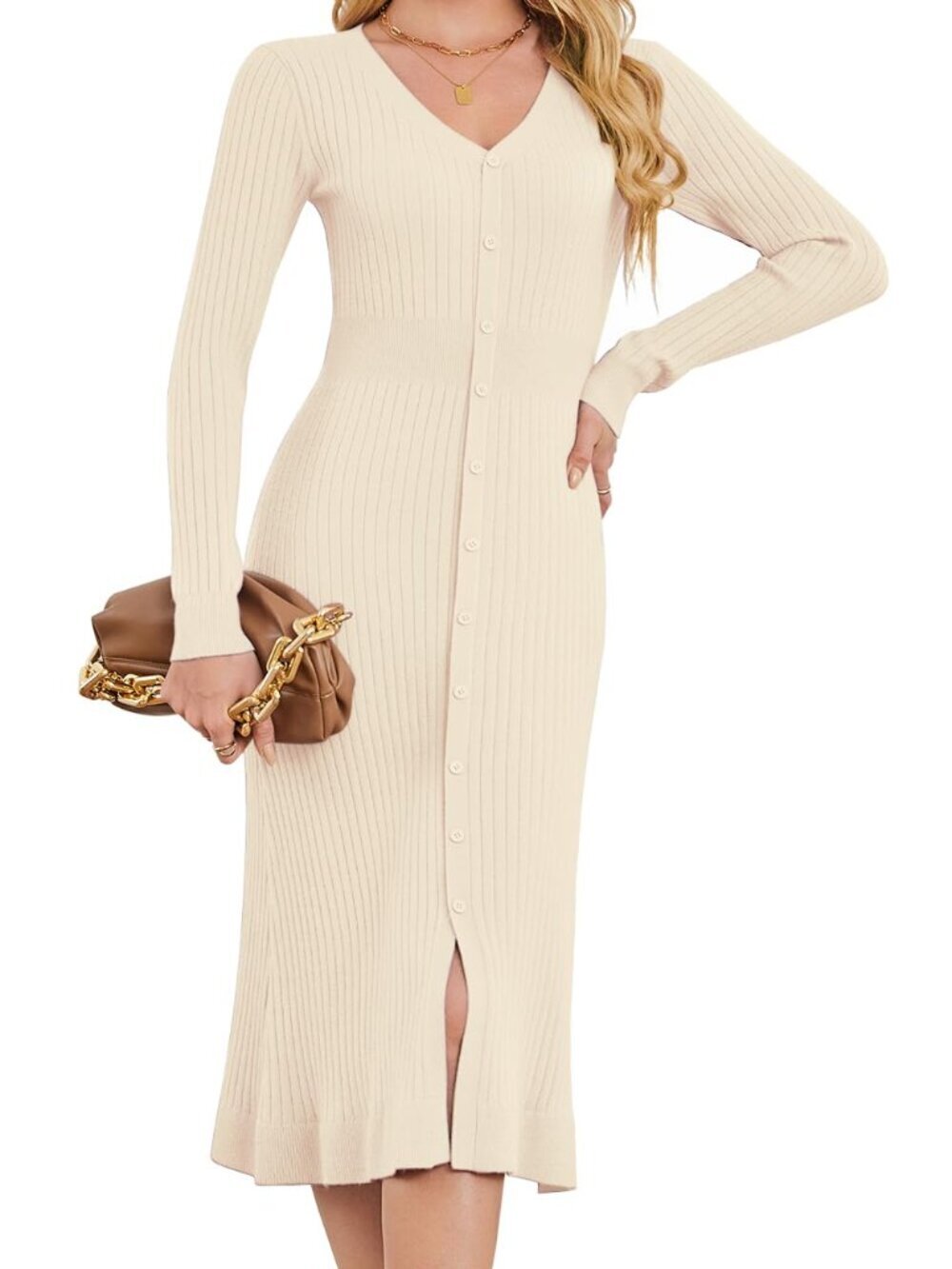 🆕 Womens Fall Sweater Dresses Trendy Long Sleeve V Neck Button Down Ribbed